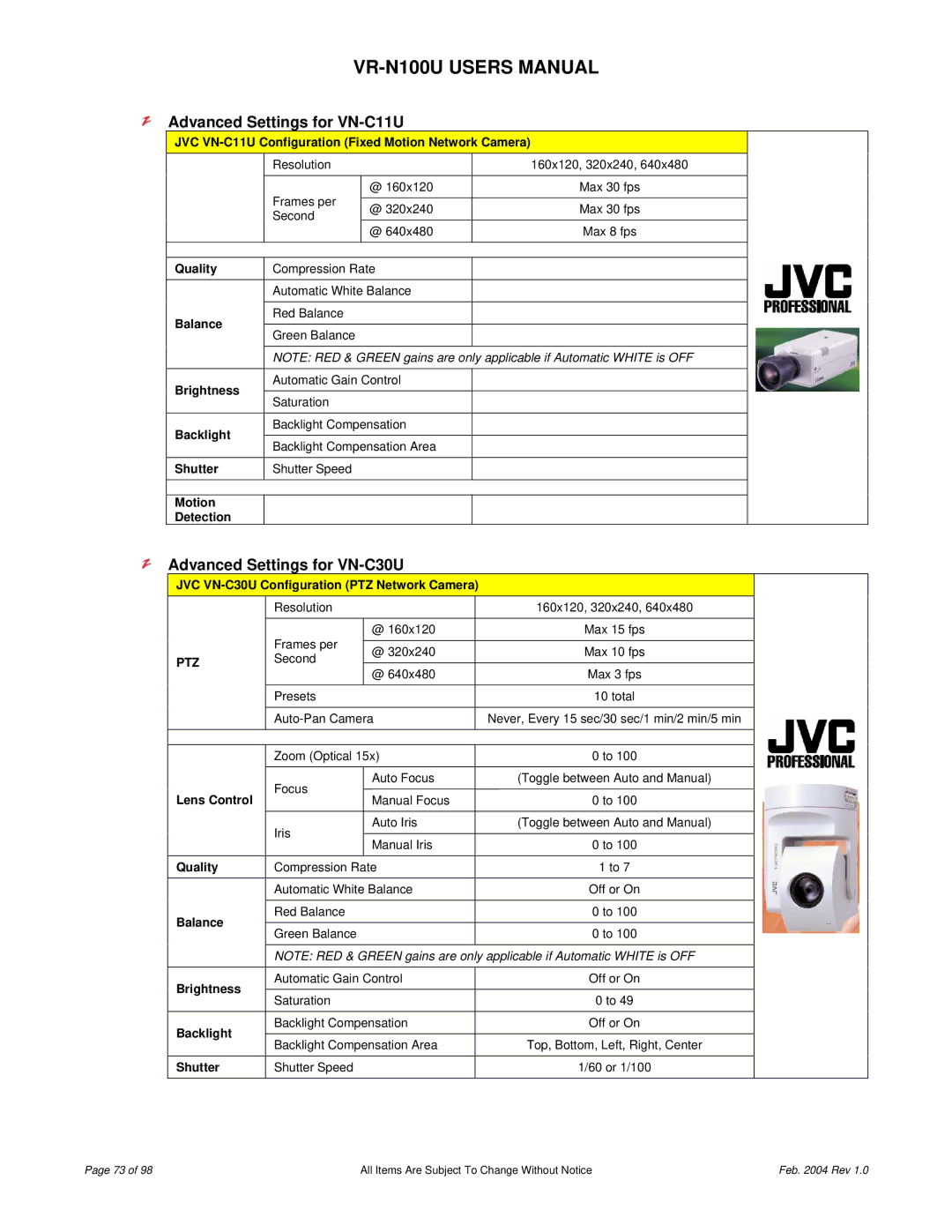 JVC VR-N100U user manual Advanced Settings for VN-C11U, Advanced Settings for VN-C30U 