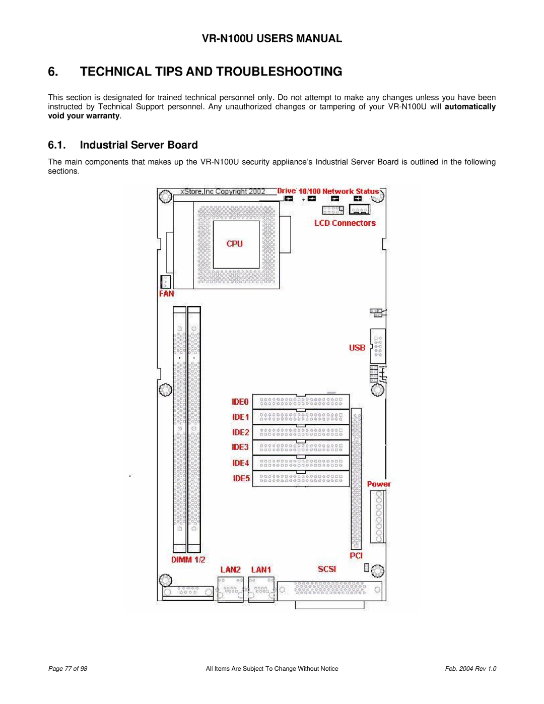 JVC VR-N100U user manual Technical Tips and Troubleshooting, Industrial Server Board 