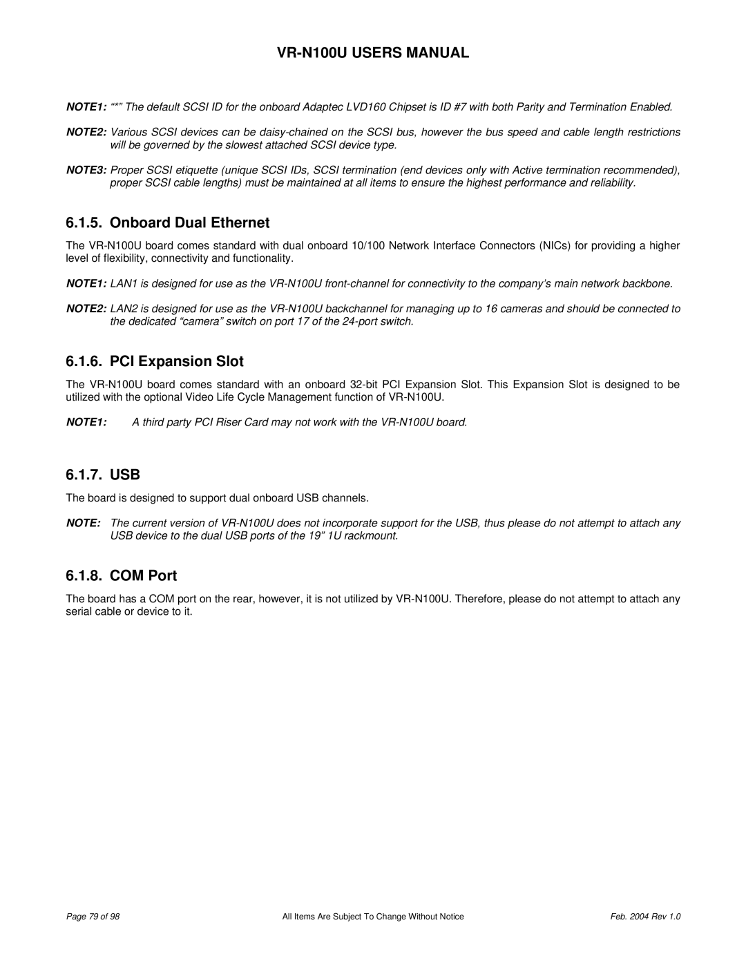 JVC VR-N100U user manual Onboard Dual Ethernet, PCI Expansion Slot, Usb, COM Port 