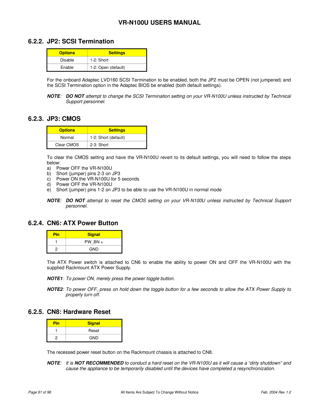 JVC VR-N100U user manual 2. JP2 Scsi Termination, 3. JP3 Cmos, 4. CN6 ATX Power Button, 5. CN8 Hardware Reset 