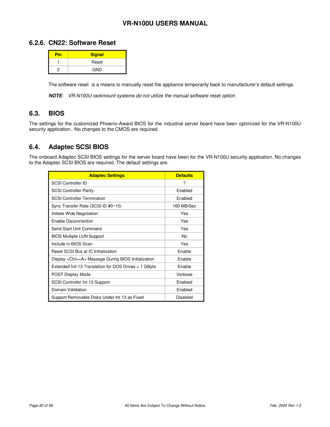 JVC VR-N100U user manual 6. CN22 Software Reset, Adaptec Scsi Bios 