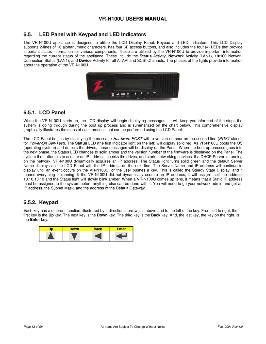 JVC VR-N100U user manual LED Panel with Keypad and LED Indicators, LCD Panel 