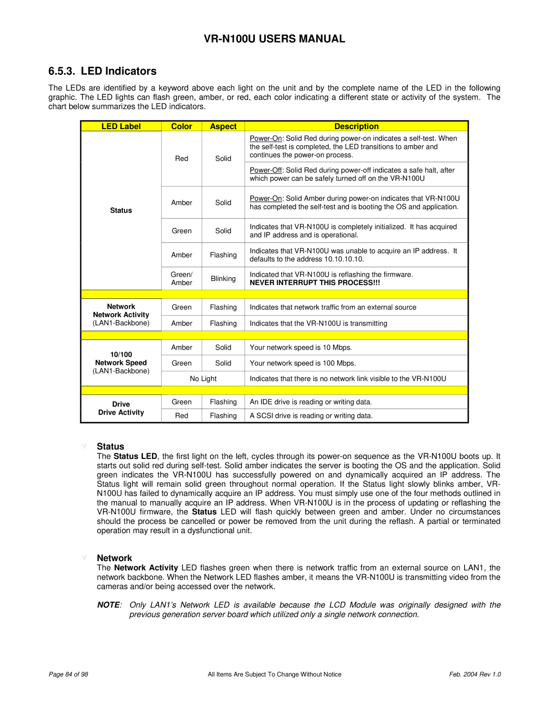 JVC VR-N100U user manual LED Indicators, Status, Network 