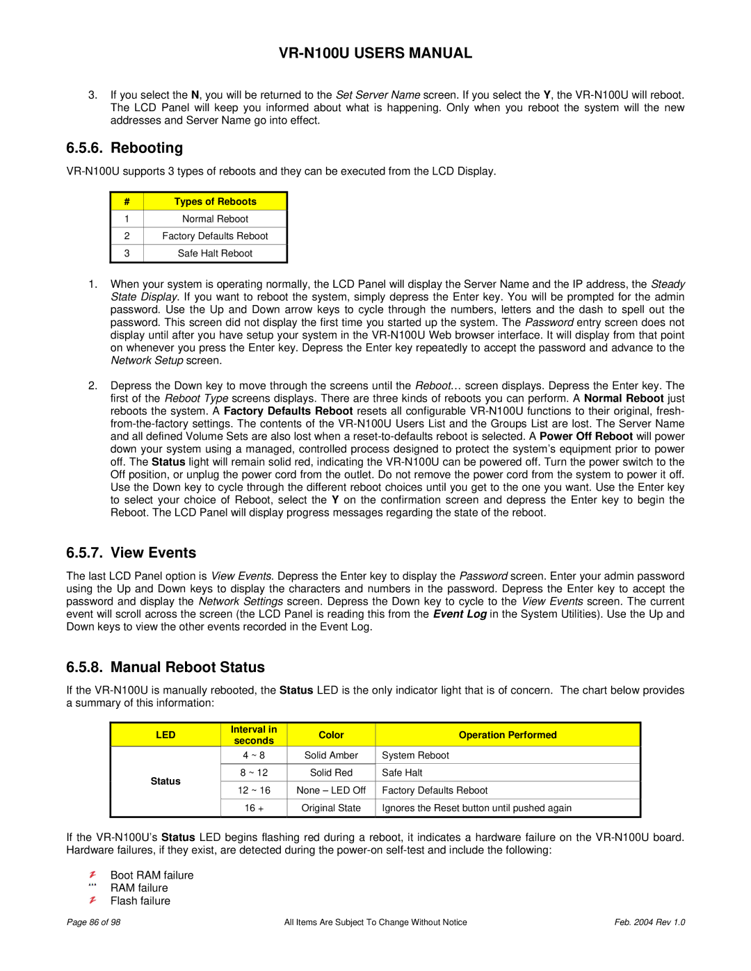 JVC VR-N100U user manual Rebooting, View Events, Manual Reboot Status 