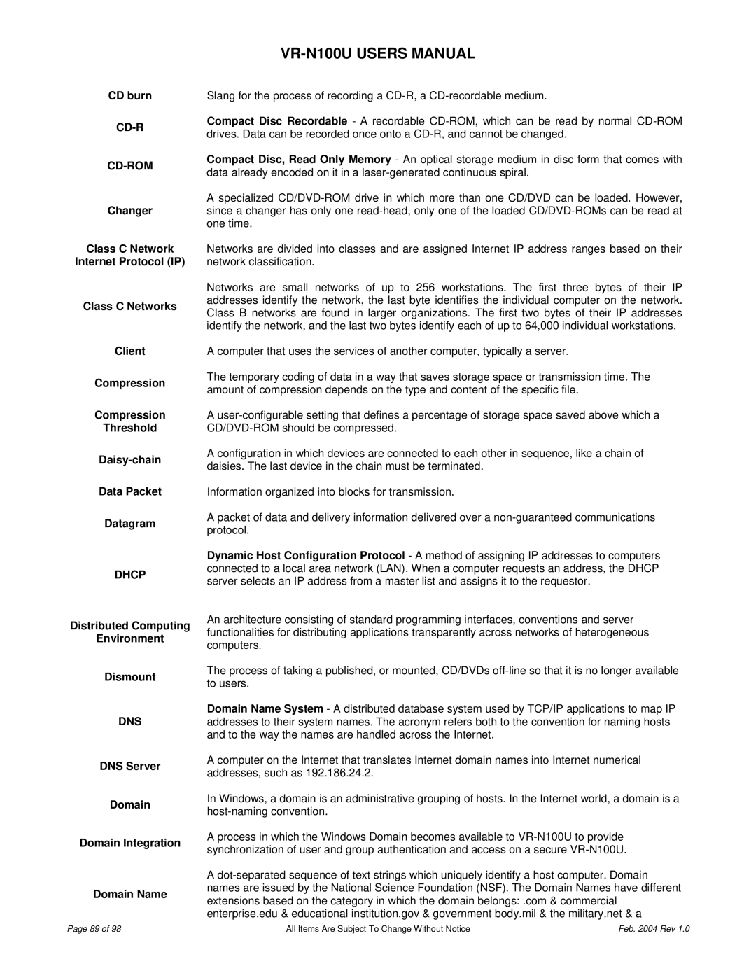 JVC VR-N100U user manual Cd-R Cd-Rom, Dhcp, Dns 