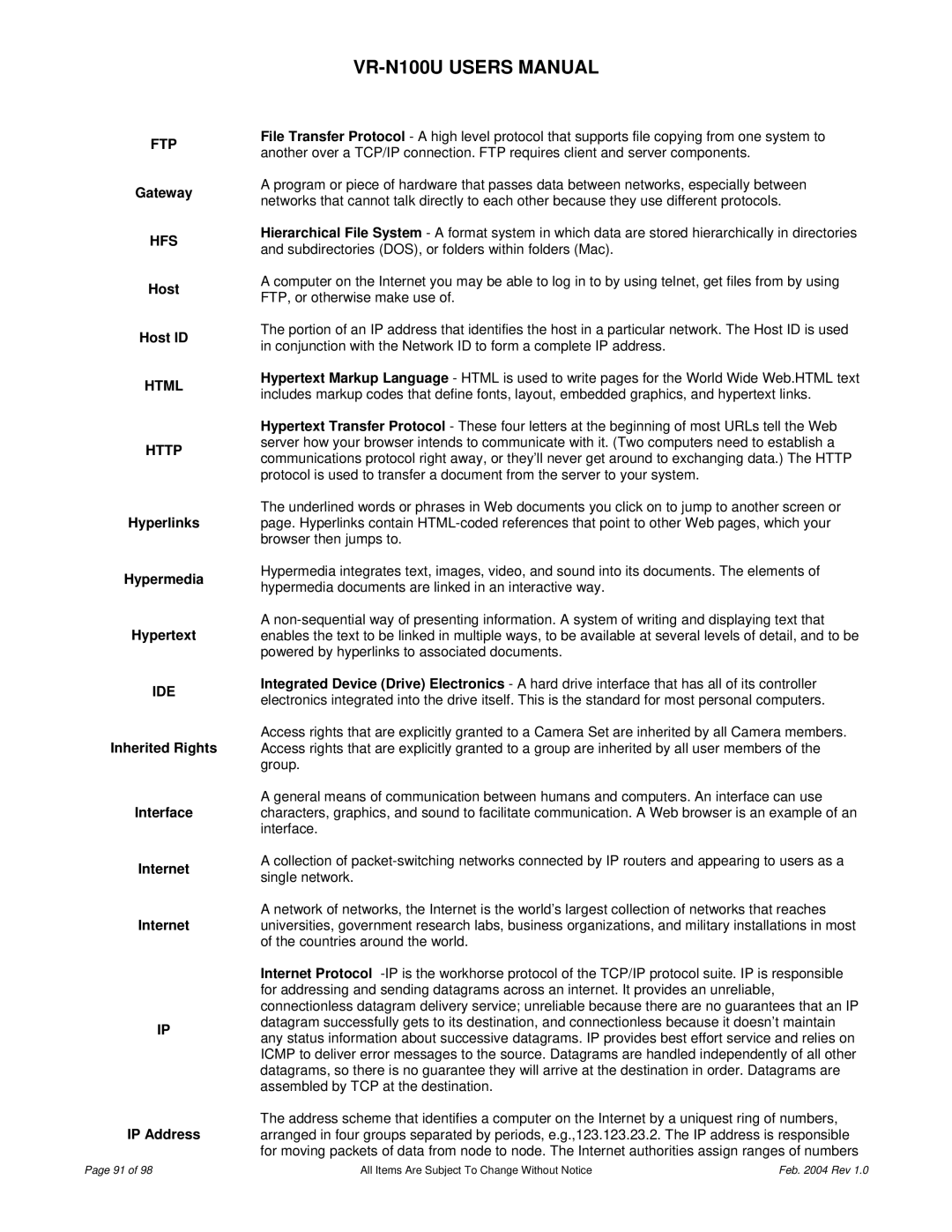 JVC VR-N100U user manual Ftp, Hfs, Html Http, Ide 