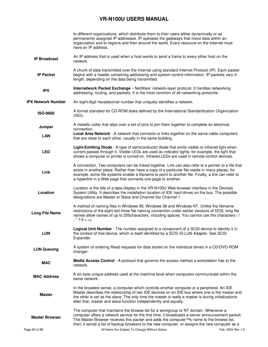 JVC VR-N100U user manual Ipx, Lan Led, Lun, Mac 