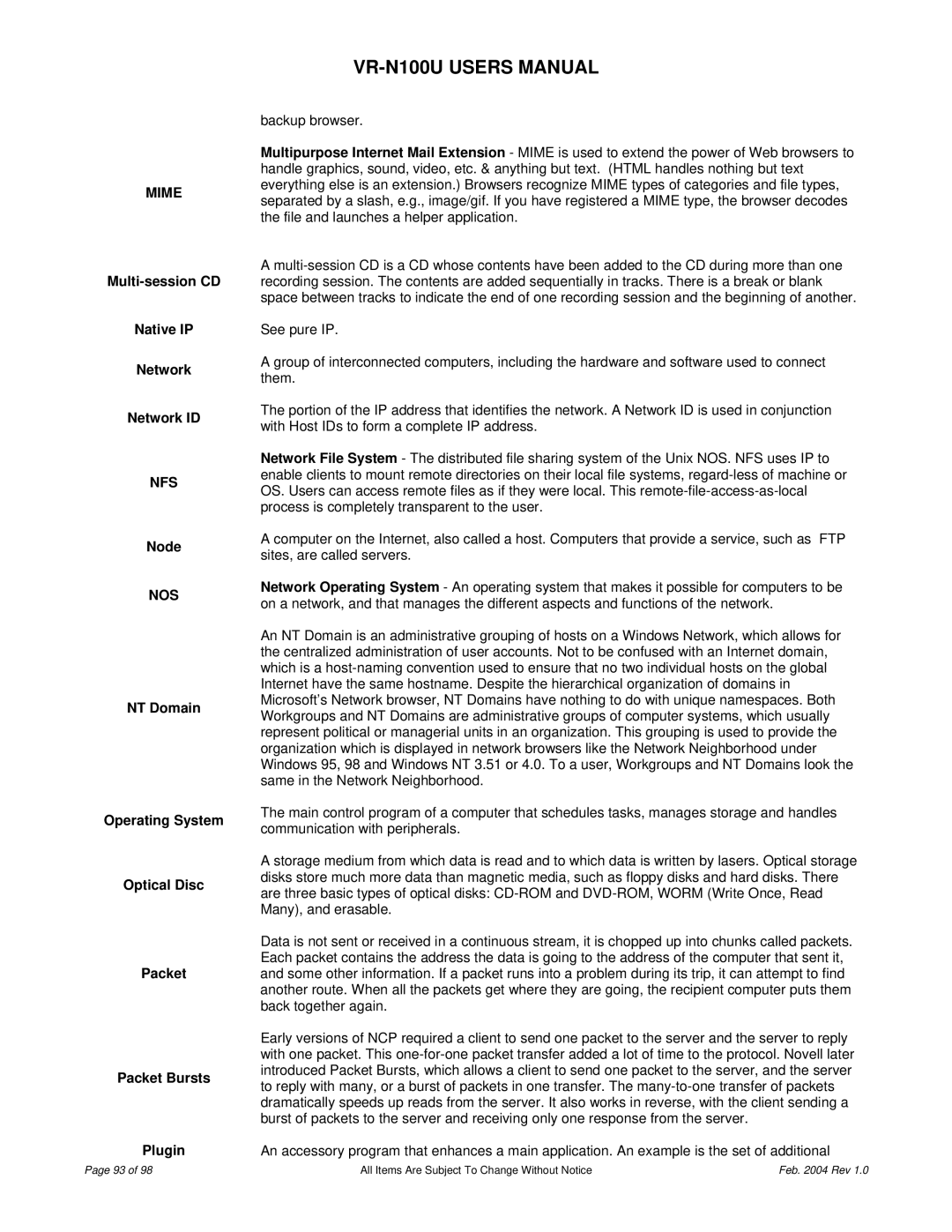 JVC VR-N100U user manual Mime, Multi-session CD Native IP Network Network ID, Nfs, Node, Nos 