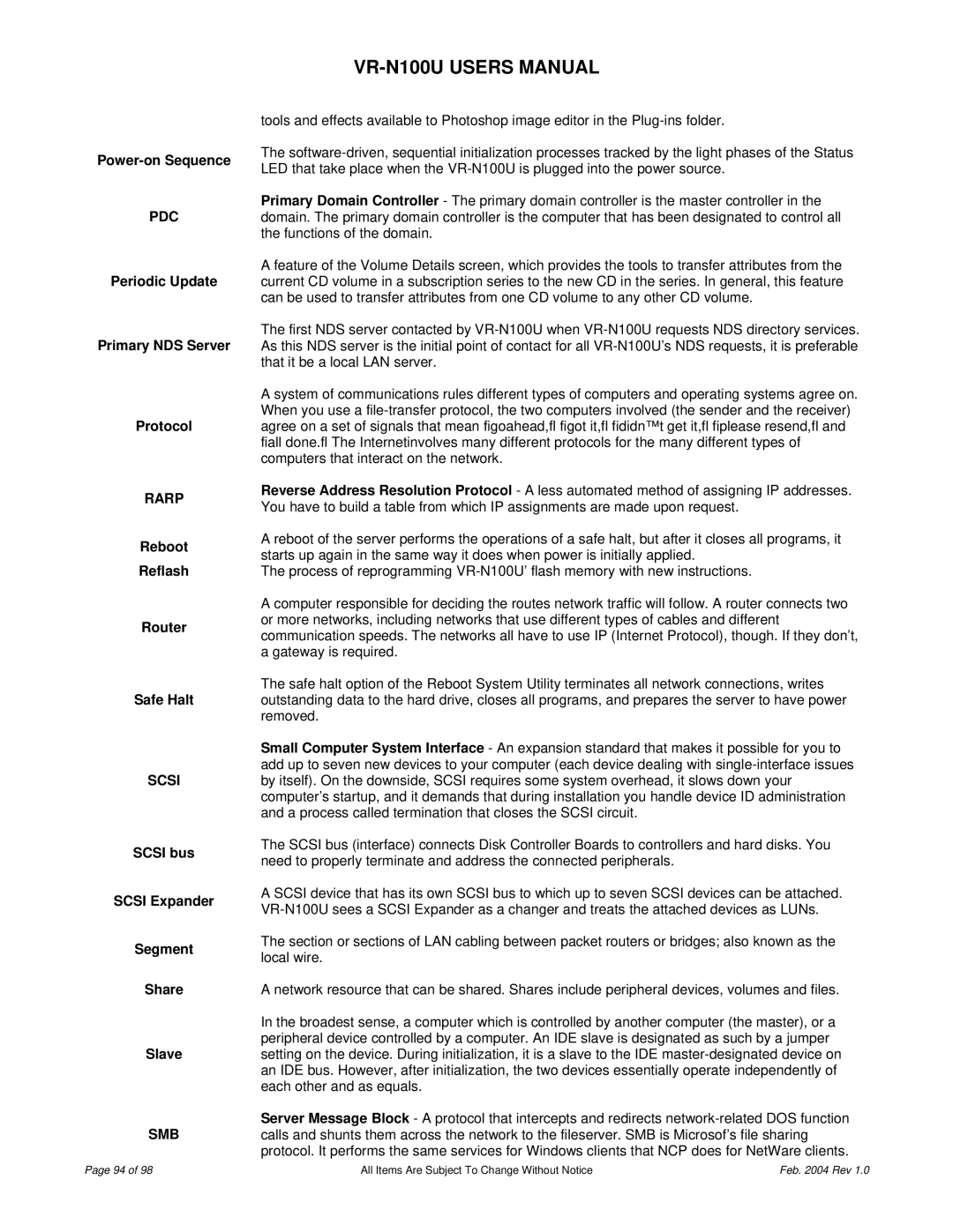 JVC VR-N100U user manual Pdc, Rarp, Scsi, Smb 