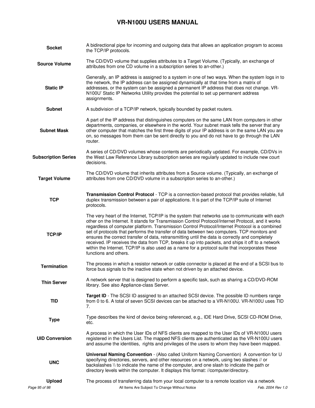 JVC VR-N100U user manual Tcp Tcp/Ip, Tid, Unc 