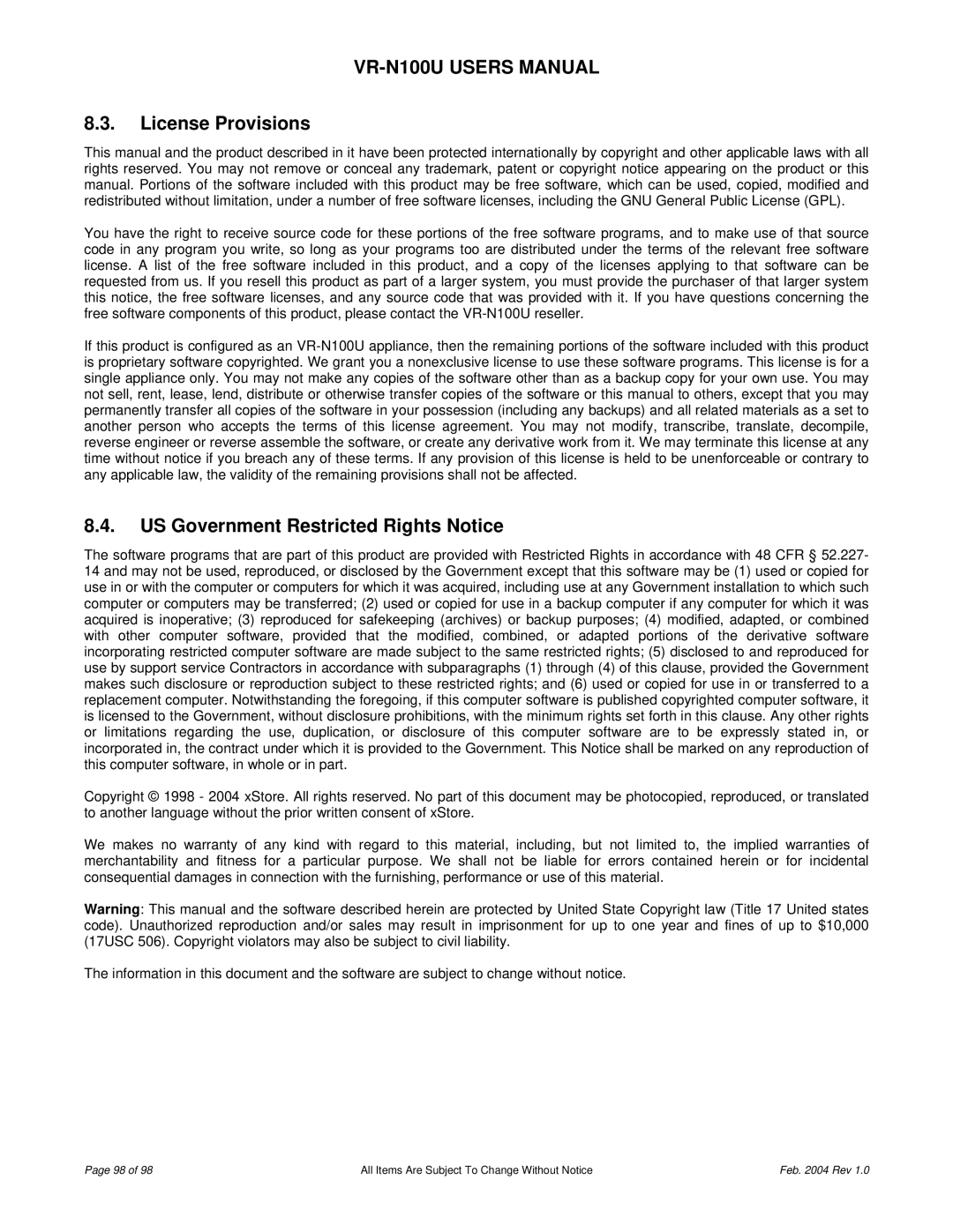 JVC VR-N100U user manual License Provisions, US Government Restricted Rights Notice 