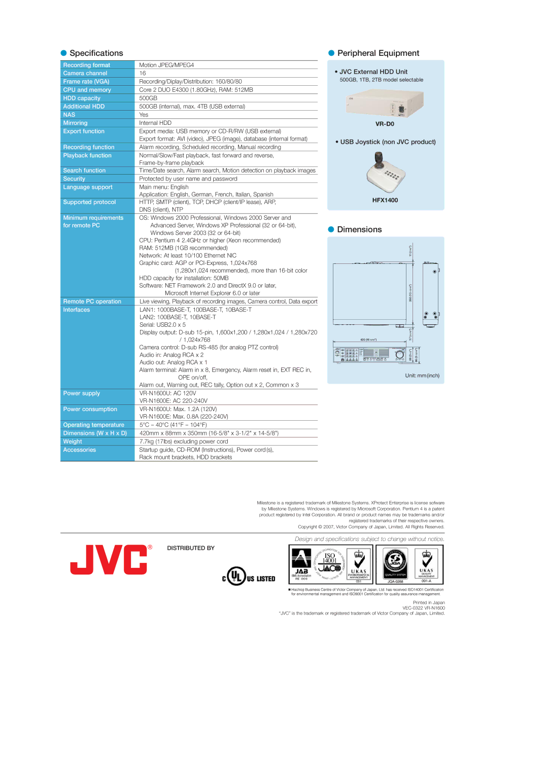 JVC VR-N1600 manual Specifications Peripheral Equipment 