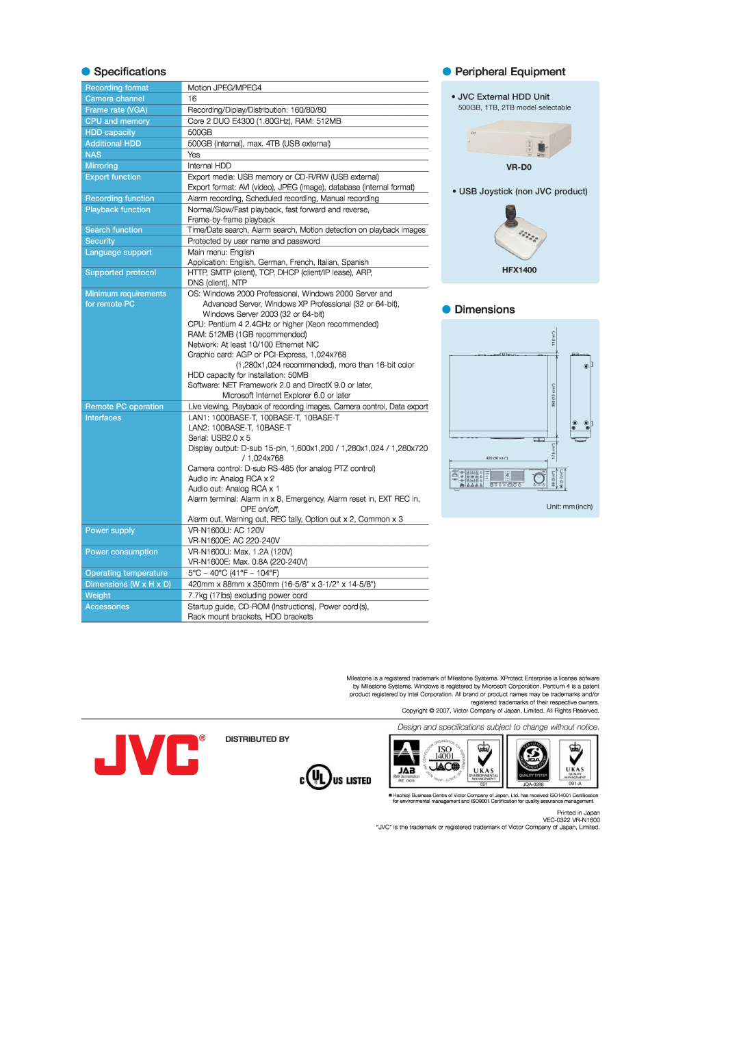 JVC VR-N1600 manual Specifications, Peripheral Equipment, Dimensions, VR-D0, HFX1400 