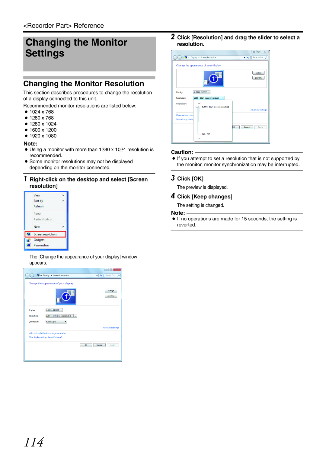 JVC VR-X3200U, VR-X1600U manual 114, Changing the Monitor Settings, Changing the Monitor Resolution, Click Keep changes 