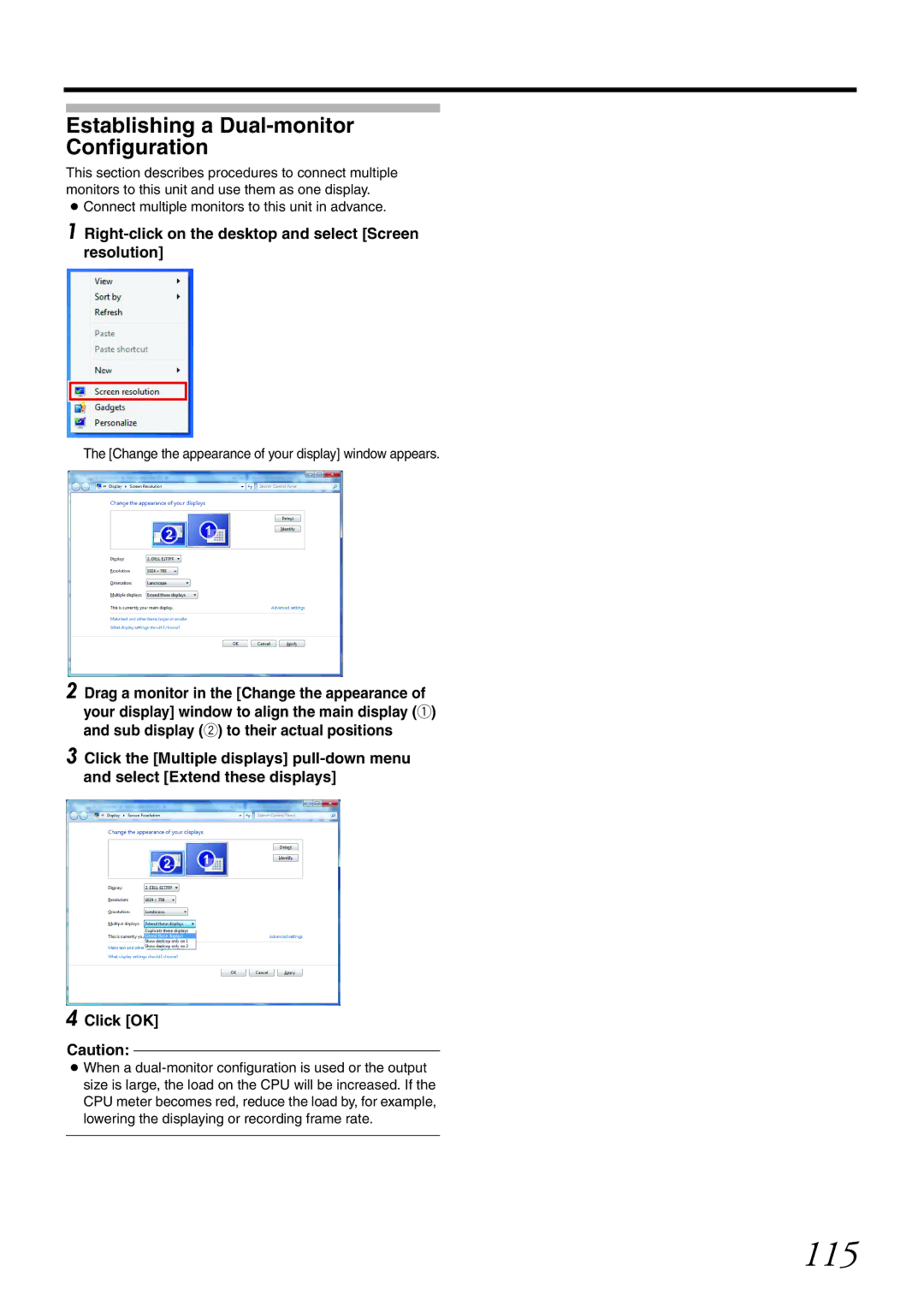 JVC VR-X1600U 115, Establishing a Dual-monitor Configuration, Right-click on the desktop and select Screen resolution 