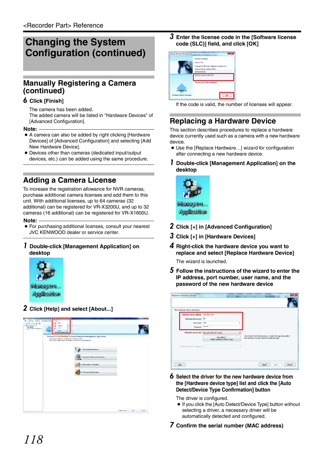 JVC VR-X3200U, VR-X1600U 118, Replacing a Hardware Device, Adding a Camera License, Confirm the serial number MAC address 