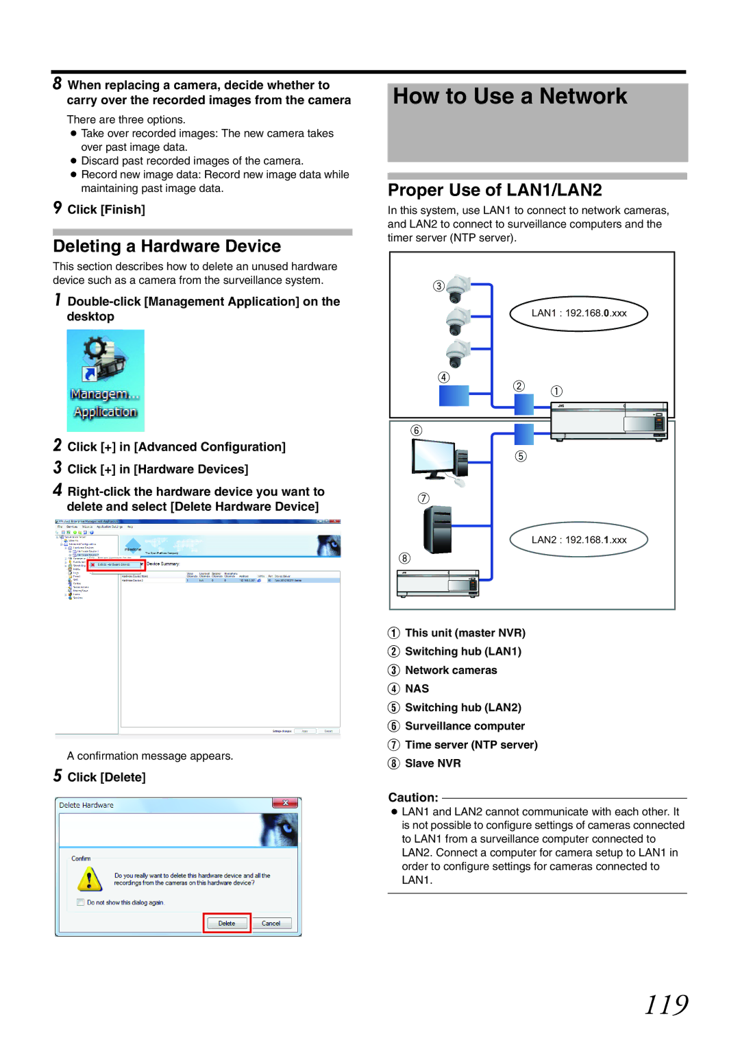 JVC VR-X1600U, VR-X3200U manual 119, How to Use a Network, Deleting a Hardware Device, Proper Use of LAN1/LAN2, Click Delete 