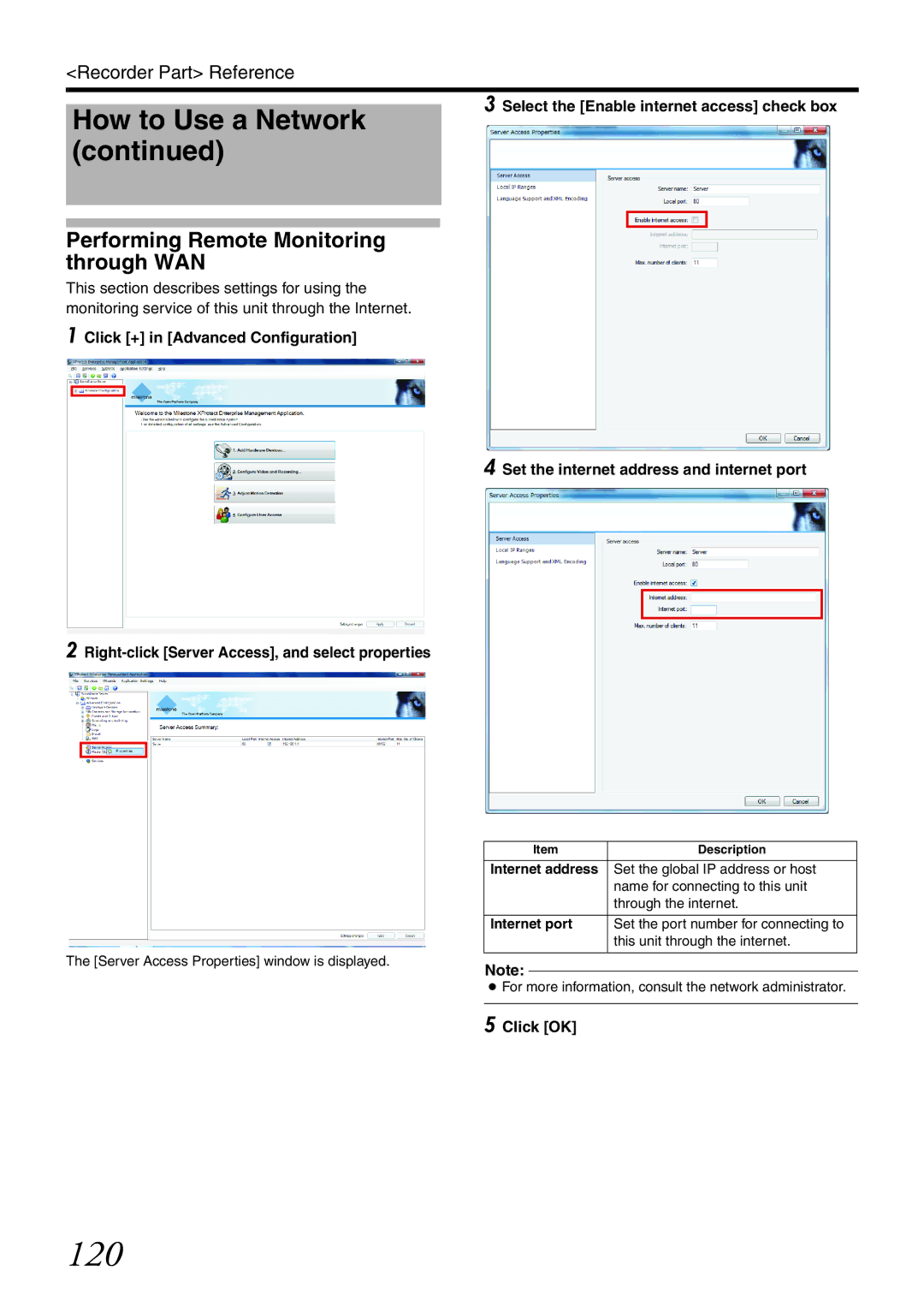 JVC VR-X3200U 120, Performing Remote Monitoring through WAN, Select the Enable internet access check box, Internet address 