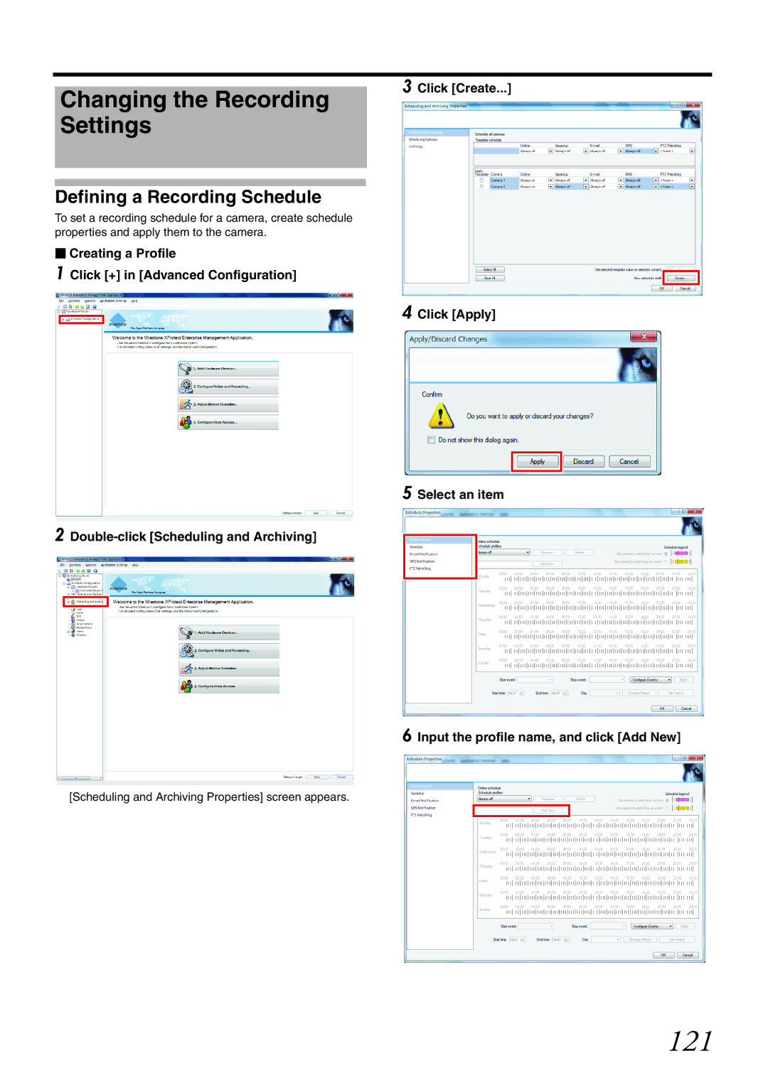 JVC VR-X1600U, VR-X3200U manual 121, Changing the Recording Settings, Defining a Recording Schedule 