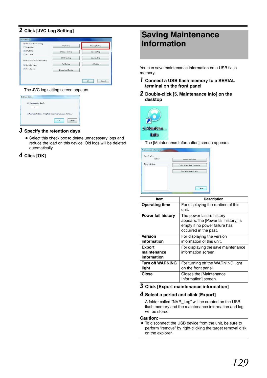 JVC VR-X1600U, VR-X3200U manual 129, Saving Maintenance Information, Click JVC Log Setting, Specify the retention days 