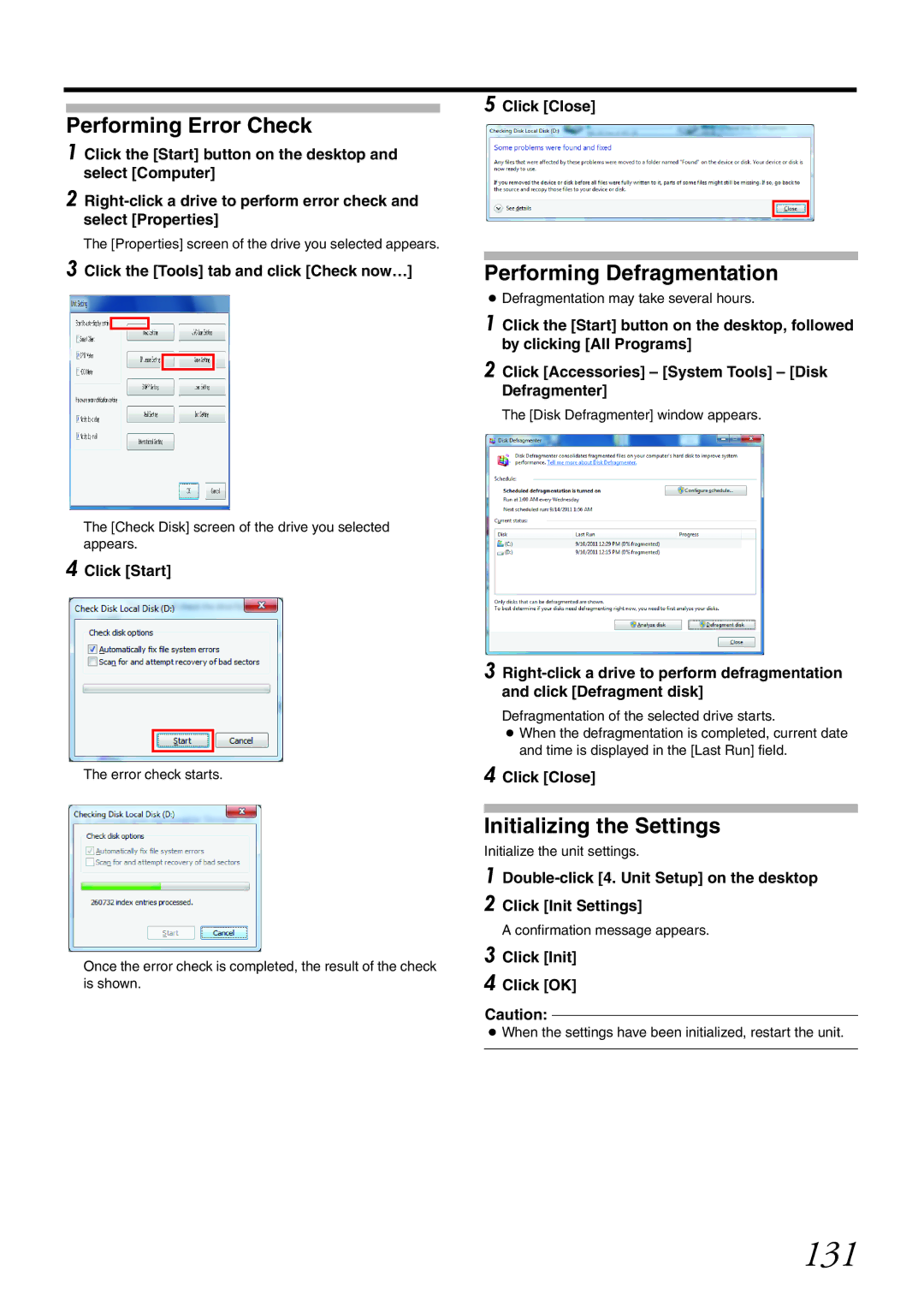 JVC VR-X1600U, VR-X3200U manual 131, Performing Defragmentation, Initializing the Settings 