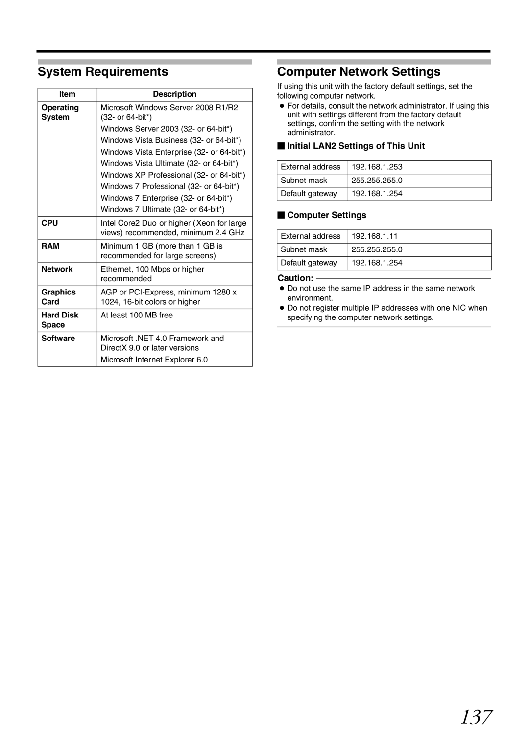 JVC VR-X1600U, VR-X3200U manual 137, System Requirements, Computer Network Settings,  Initial LAN2 Settings of This Unit 