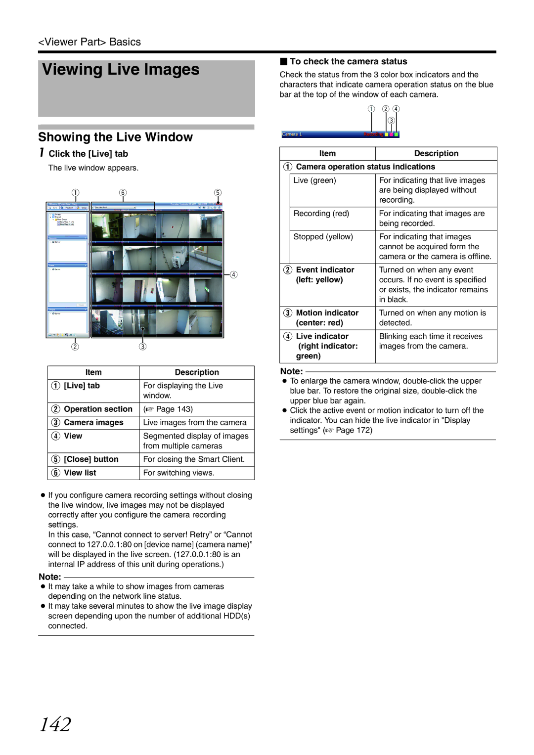 JVC VR-X3200U manual 142, Viewing Live Images, Showing the Live Window, Click the Live tab,  To check the camera status 