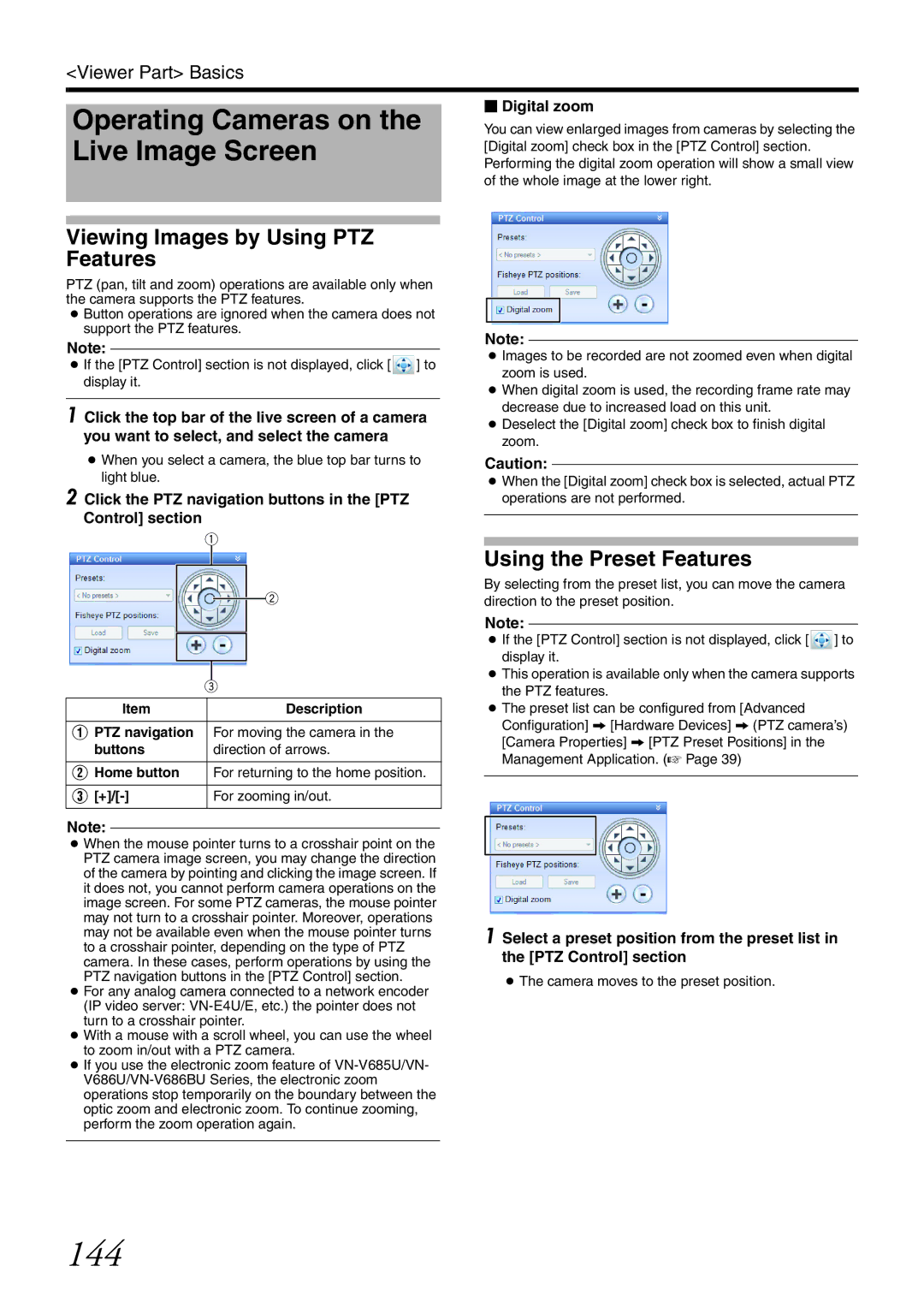 JVC VR-X3200U, VR-X1600U manual 144, Operating Cameras on the Live Image Screen, Viewing Images by Using PTZ Features 