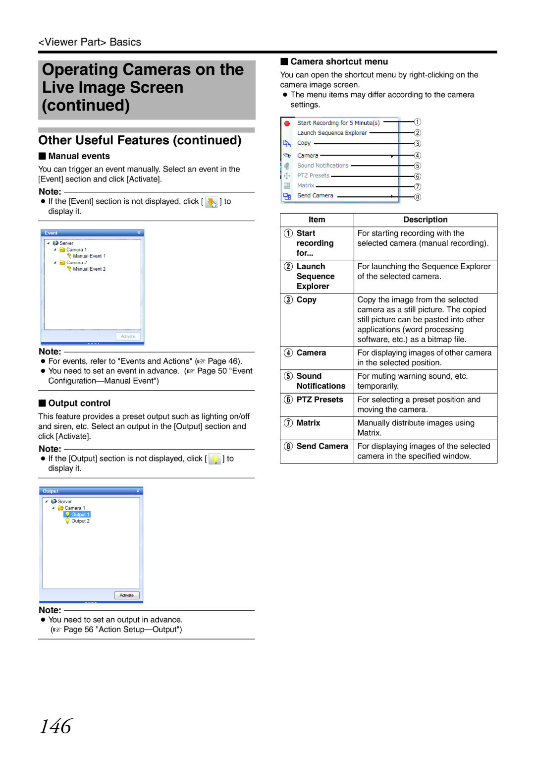 JVC VR-X3200U, VR-X1600U manual 146,  Manual events,  Output control,  Camera shortcut menu 