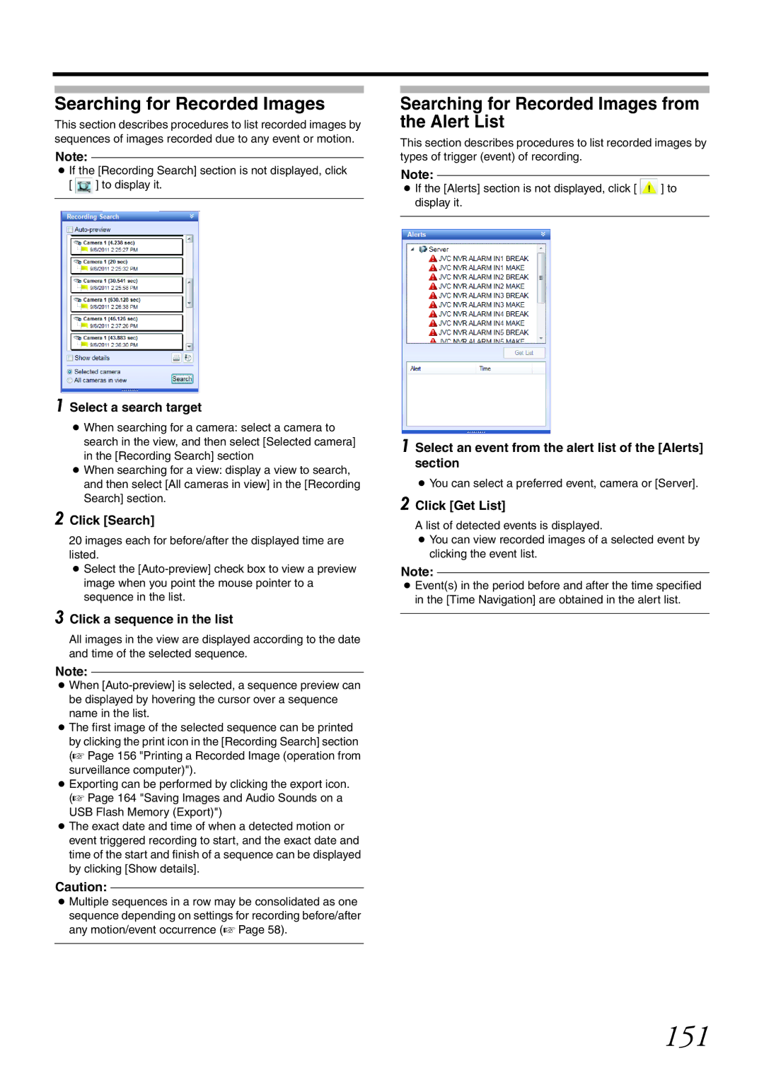 JVC VR-X1600U, VR-X3200U manual 151, Searching for Recorded Images from the Alert List 