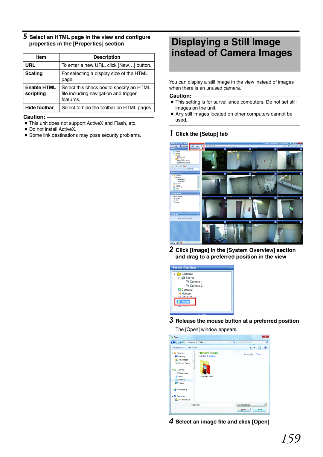 JVC VR-X1600U, VR-X3200U manual 159, Displaying a Still Image instead of Camera Images, Select an image file and click Open 