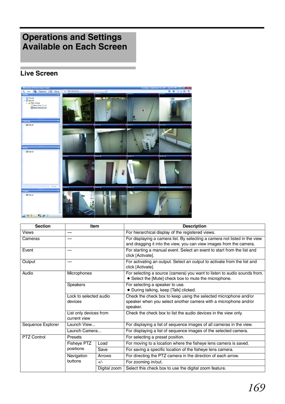 JVC VR-X1600U, VR-X3200U manual 169, Operations and Settings Available on Each Screen, Live Screen, Section Description 