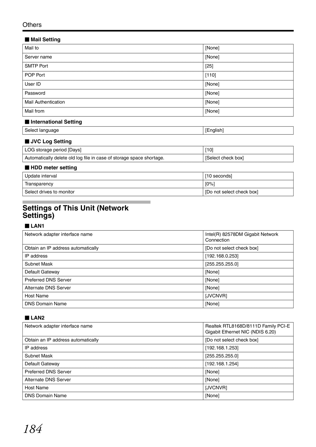 JVC VR-X3200U, VR-X1600U manual 184, Settings of This Unit Network 