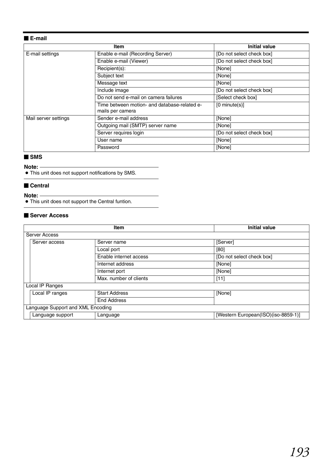 JVC VR-X1600U, VR-X3200U manual 193,  E-mail,  Central,  Server Access, This unit does not support the Central funtion 