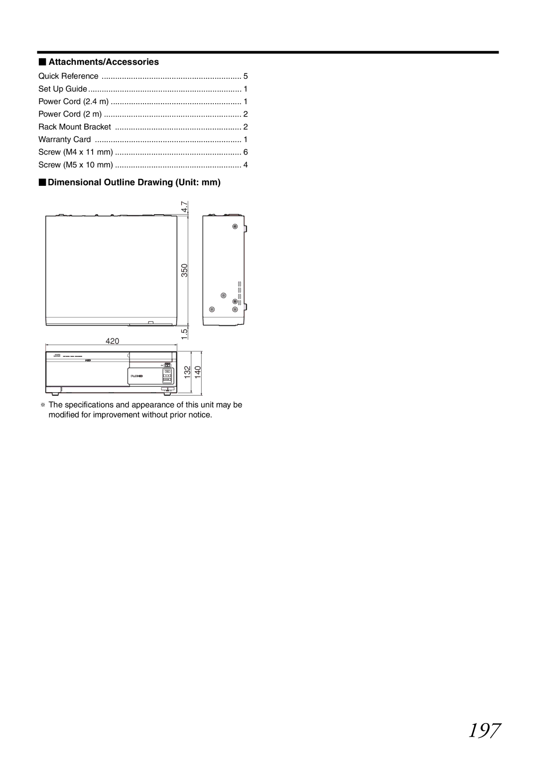 JVC VR-X1600U, VR-X3200U manual 197,  Attachments/Accessories,  Dimensional Outline Drawing Unit mm, 350 