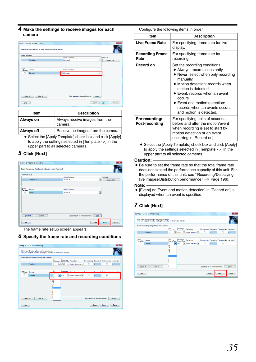 JVC VR-X1600U manual Make the settings to receive images for each camera, Specify the frame rate and recording conditions 