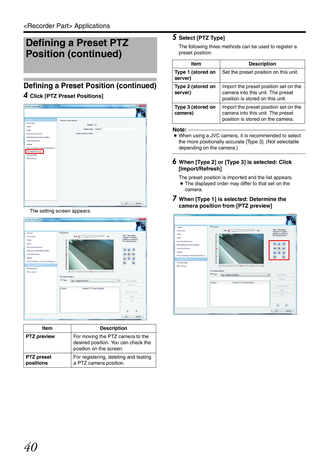 JVC VR-X3200U manual Click PTZ Preset Positions Select PTZ Type, When Type 2 or Type 3 is selected Click Import/Refresh 