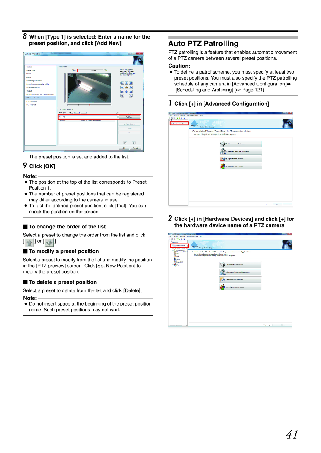 JVC VR-X1600U, VR-X3200U manual Auto PTZ Patrolling,  To change the order of the list,  To modify a preset position 