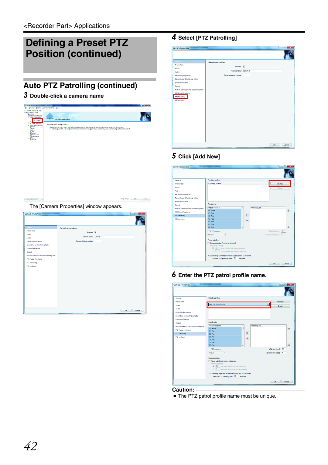 JVC VR-X3200U manual Select PTZ Patrolling, Double-click a camera name Click Add New, Enter the PTZ patrol profile name 