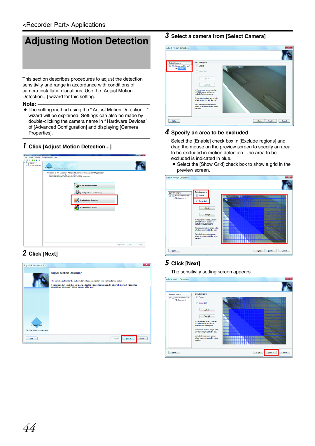 JVC VR-X3200U manual Adjusting Motion Detection, Select a camera from Select Camera, Sensitivity setting screen appears 