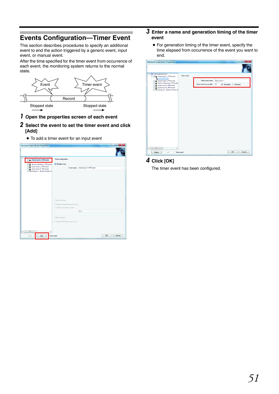 JVC VR-X1600U, VR-X3200U manual Events Configuration-Timer Event, Open the properties screen of each event, Add 