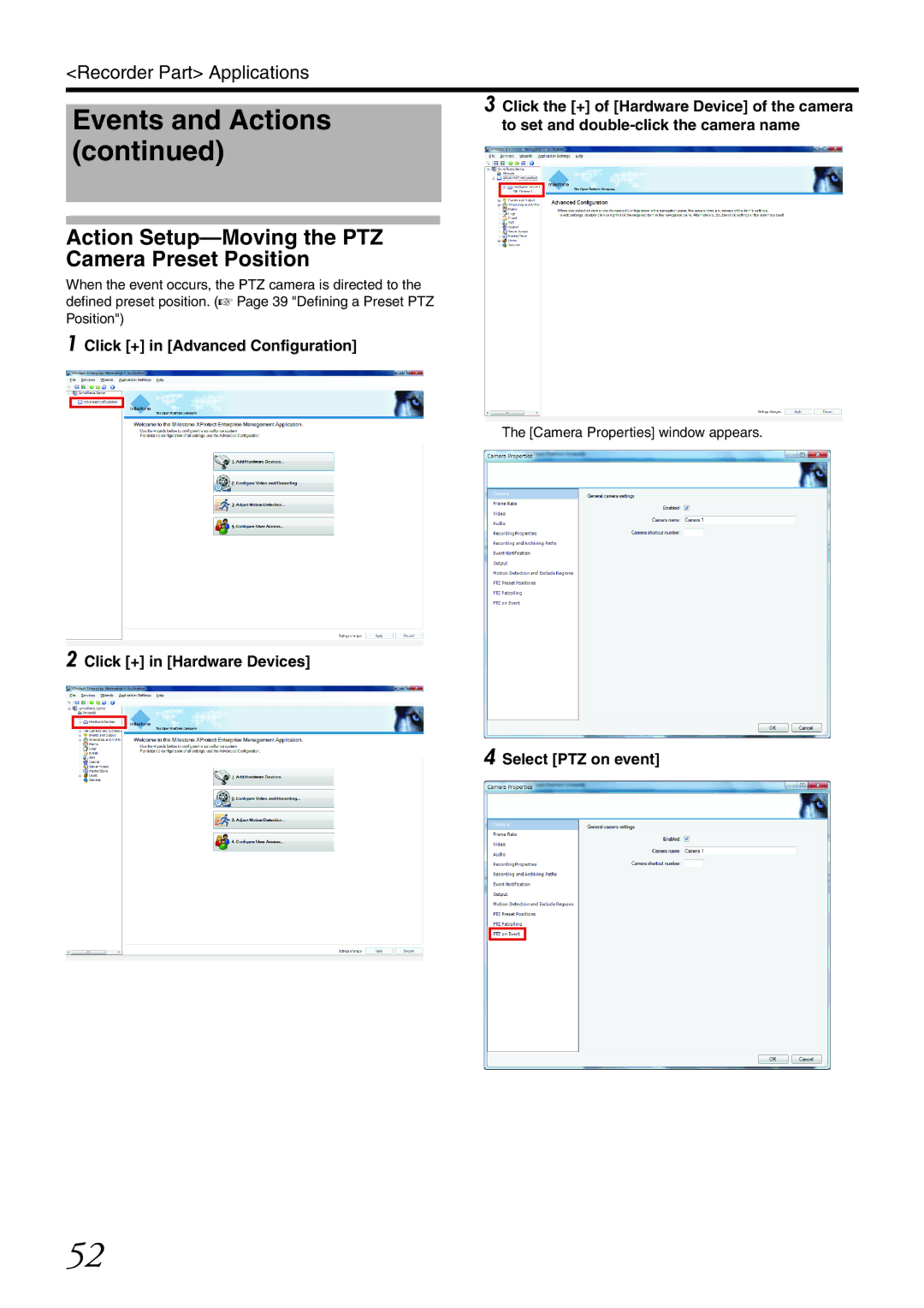 JVC VR-X3200U manual Action Setup-Moving the PTZ Camera Preset Position, Click + in Hardware Devices Select PTZ on event 