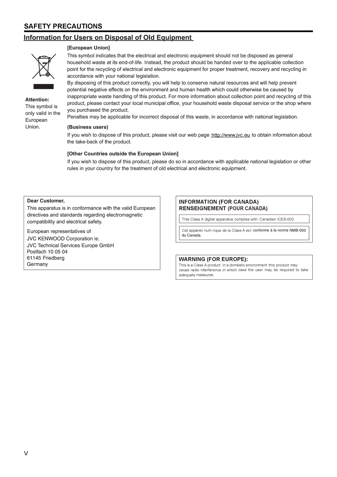 JVC VR-X3200U, VR-X1600U manual Information for Canada Renseignement Pour Canada 