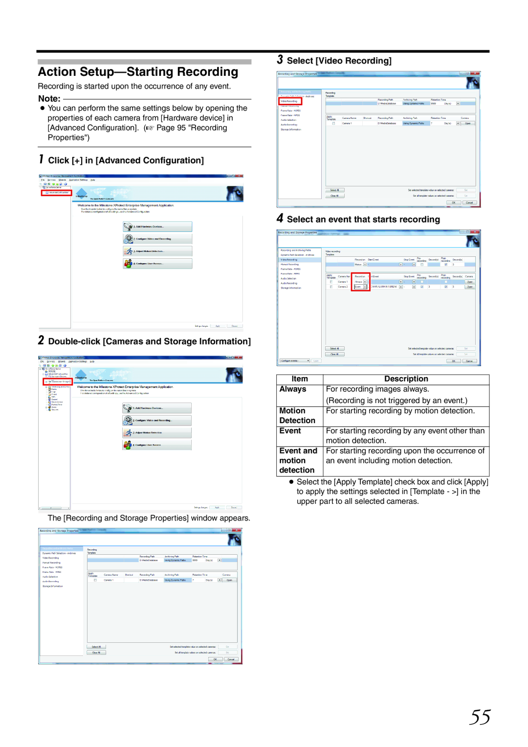 JVC VR-X1600U, VR-X3200U manual Action Setup-Starting Recording, Recording and Storage Properties window appears 