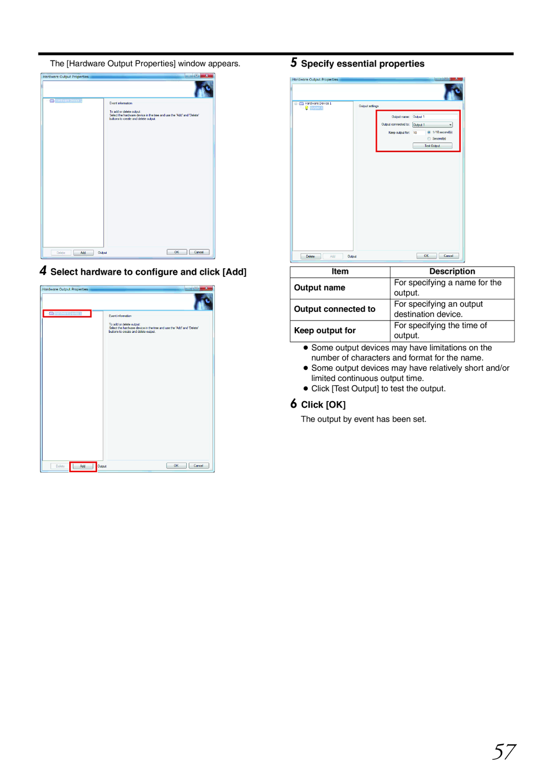 JVC VR-X1600U Specify essential properties, Select hardware to configure and click Add, Output name, Output connected to 