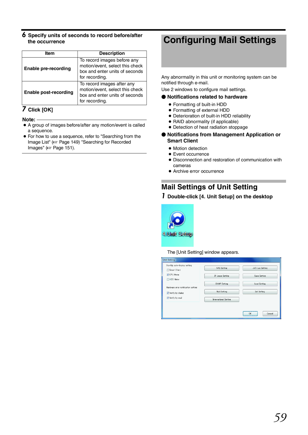 JVC VR-X1600U, VR-X3200U Configuring Mail Settings, Mail Settings of Unit Setting,  Notifications related to hardware 