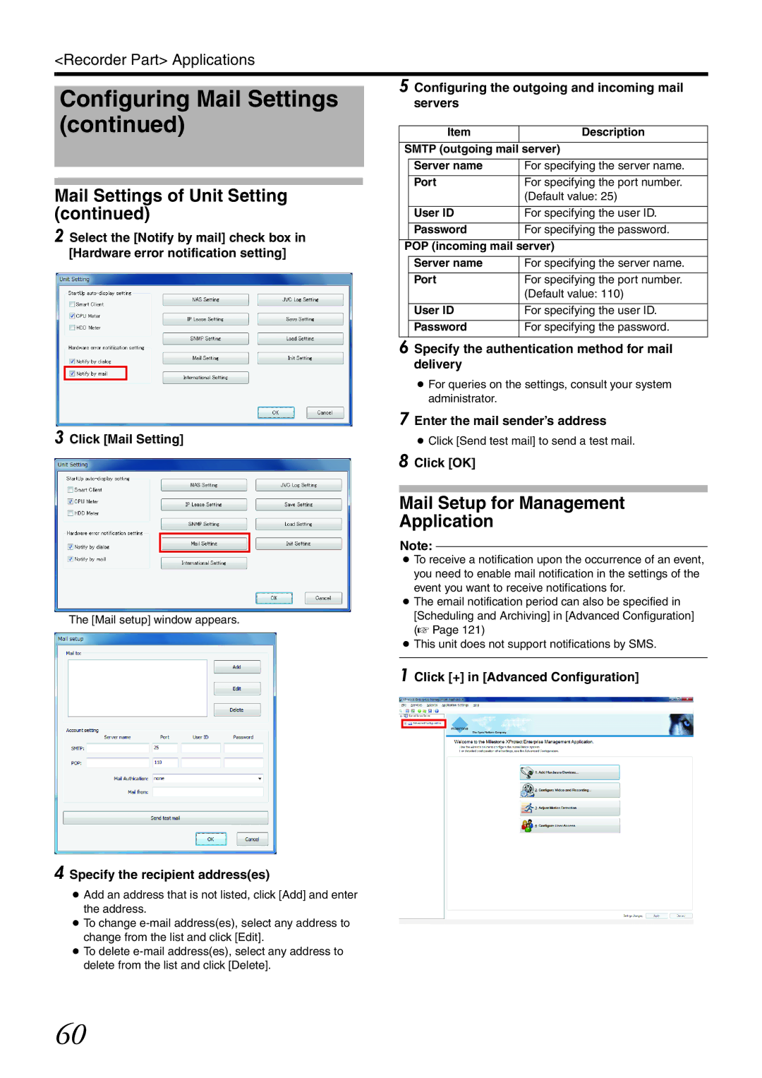 JVC VR-X3200U, VR-X1600U manual Mail Setup for Management Application, Configuring the outgoing and incoming mail servers 