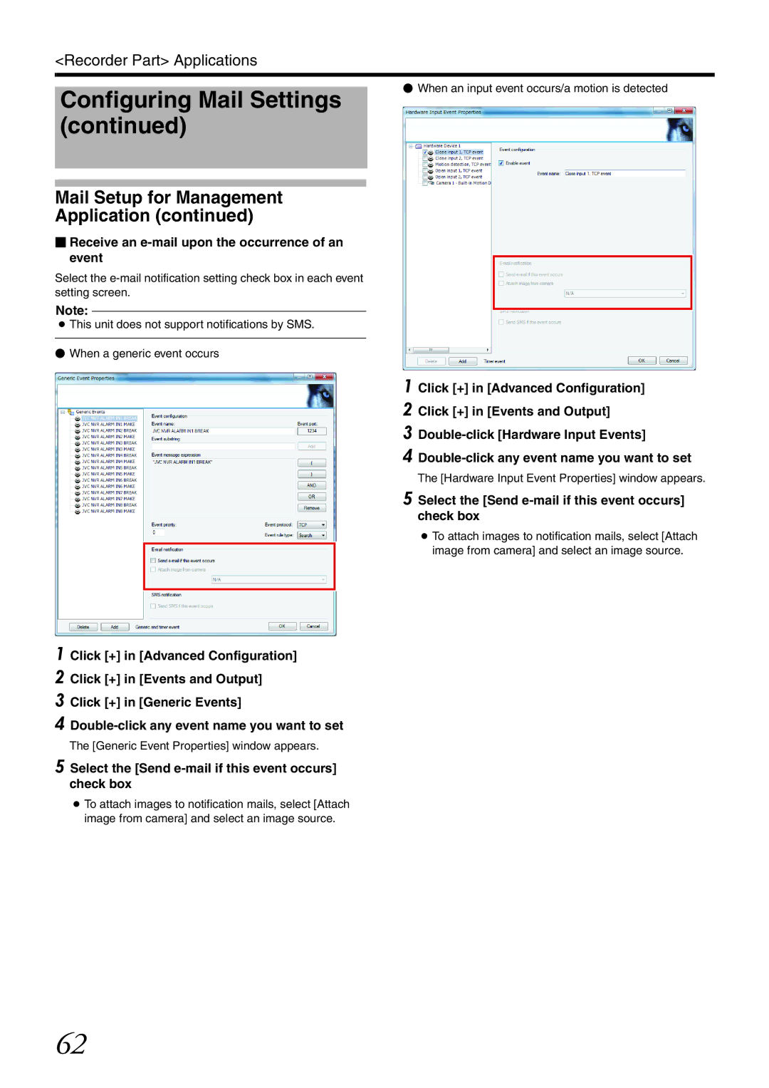 JVC VR-X3200U  Receive an e-mail upon the occurrence of an Event, Select the Send e-mail if this event occurs check box 