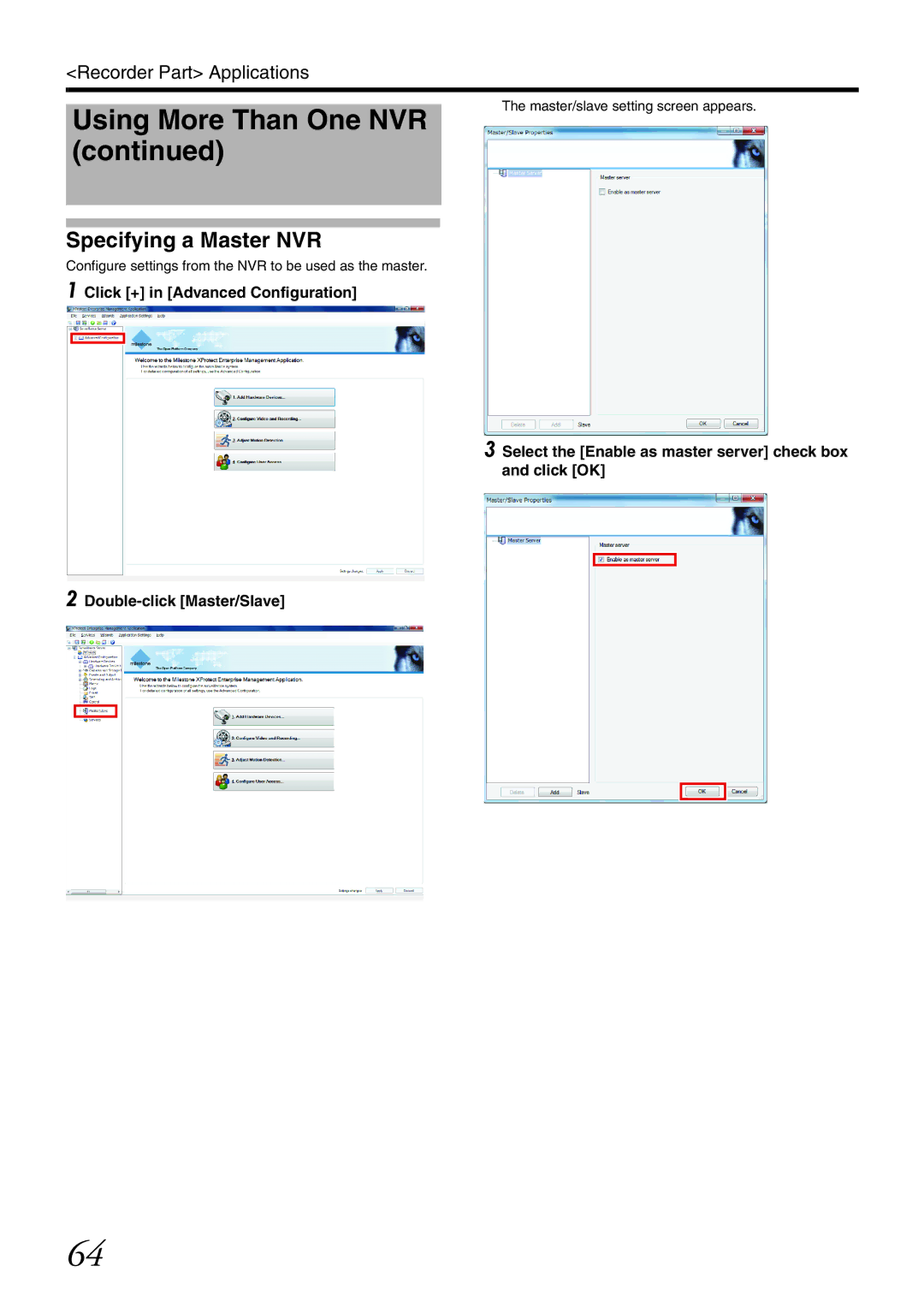 JVC VR-X3200U, VR-X1600U manual Specifying a Master NVR, Click + in Advanced Configuration Double-click Master/Slave 