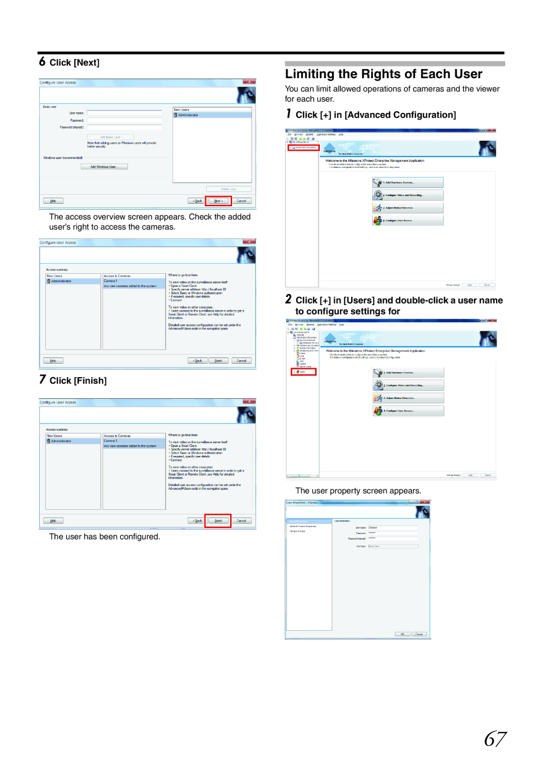 JVC VR-X1600U, VR-X3200U manual Limiting the Rights of Each User, User property screen appears User has been configured 